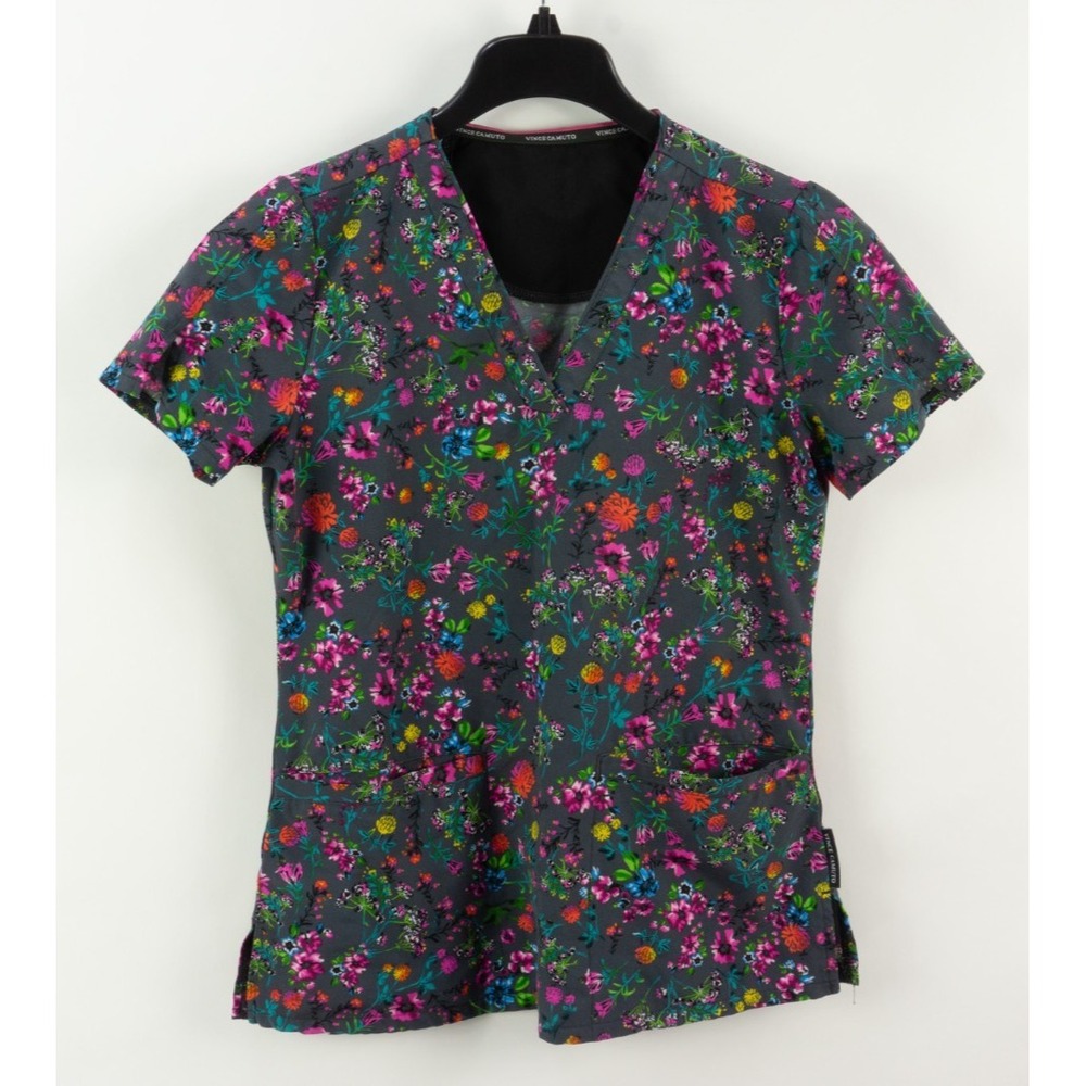 Vince Camuto Floral Jersey V-Neck Scrub Top Womens XS Gray Pink VC900